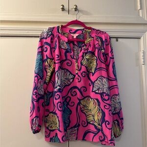 Lilly Pulitzer Pink and Blue Leaf Print Blouse